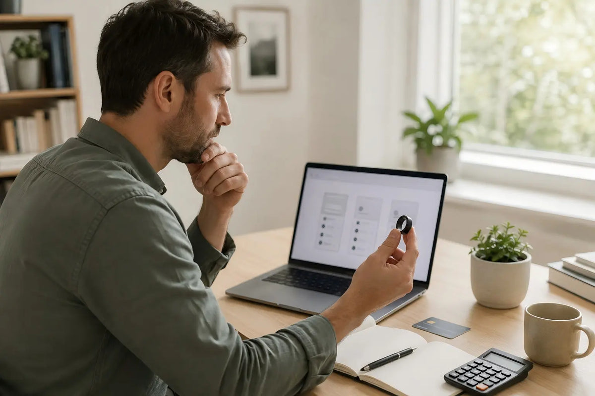 Shopper comparing smart ring purchase and subscription costs at a bright home office