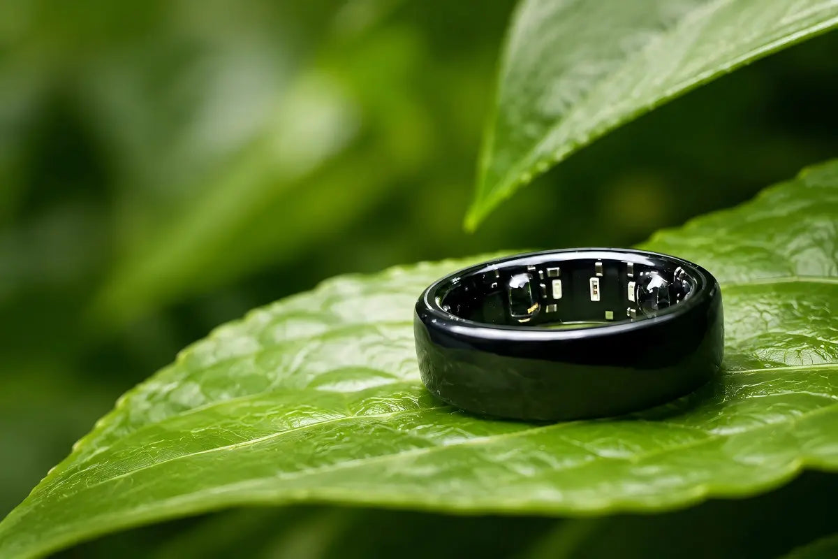 Black smart ring with visible inner sensors resting on a green leaf