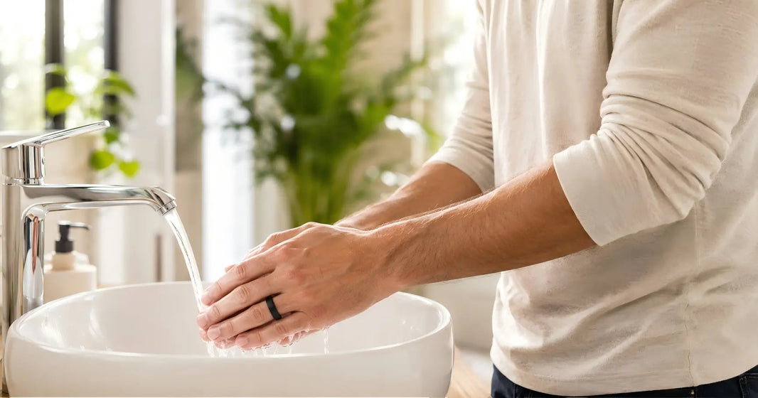 Person washing their hands while wearing a black smart ring in a bright bathroom