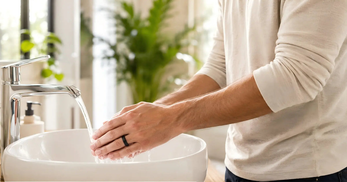 Person washing their hands while wearing a black smart ring in a bright bathroom