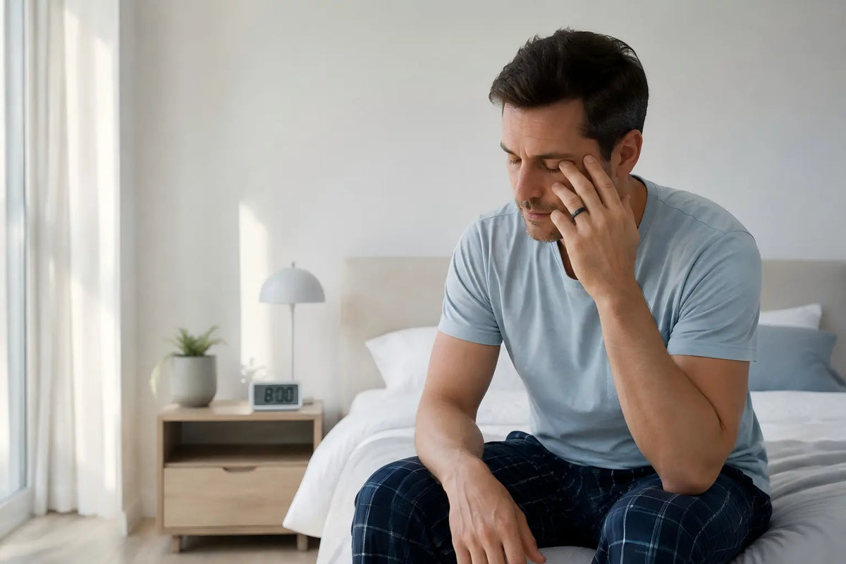 Person waking up tired after eight hours of sleep while wearing a smart ring