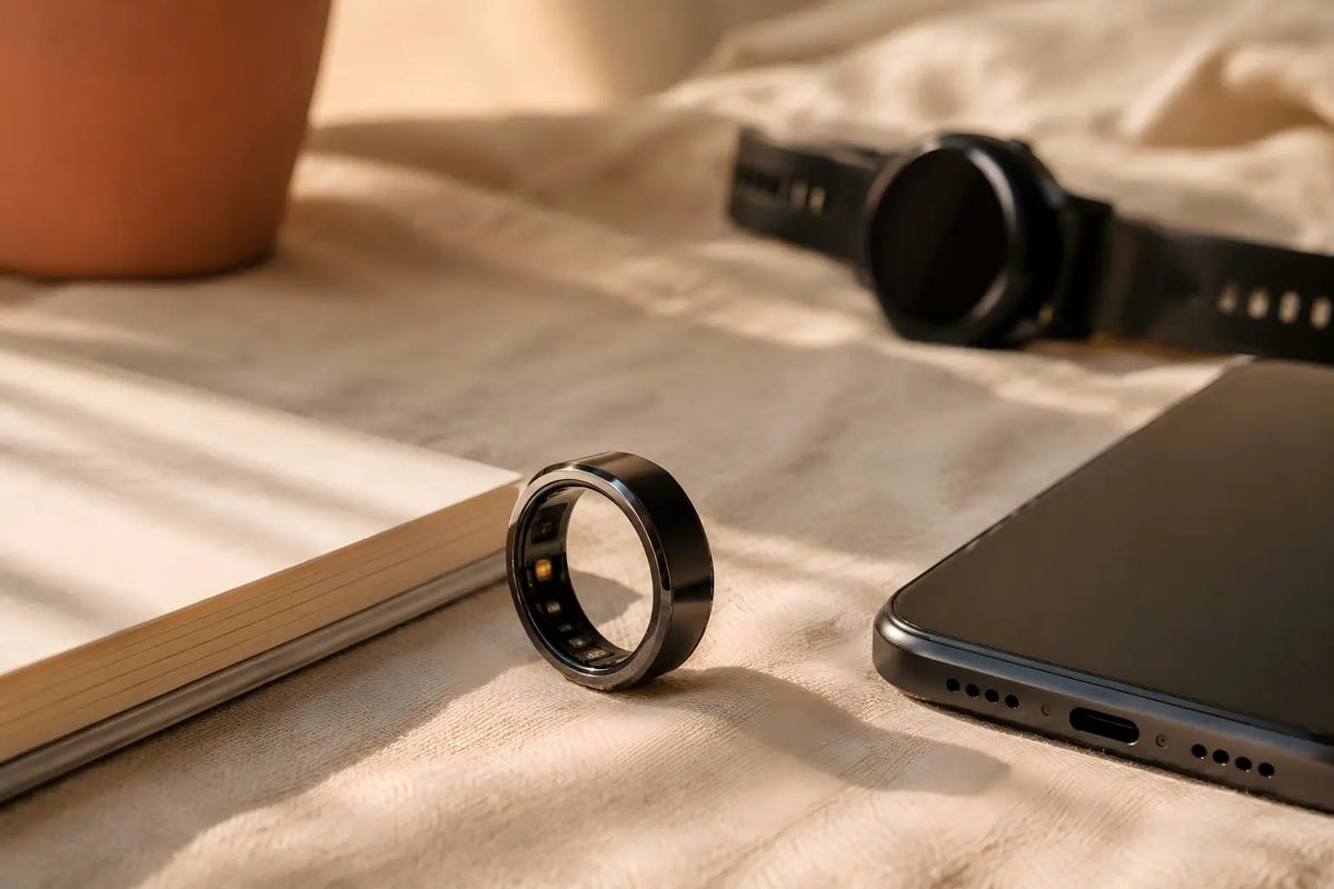 Black smart ring on warm linen beside a notebook and smartphone