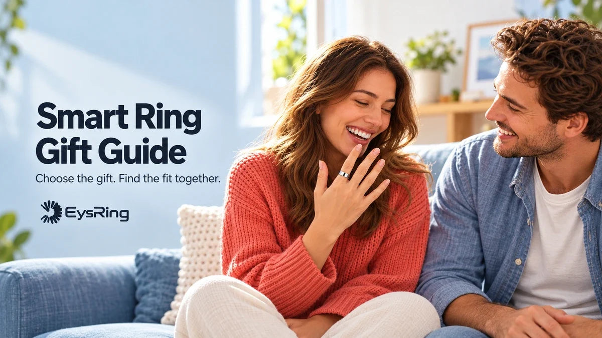 Couple sharing a smart ring gift moment, with one silver ring worn on the recipient's hand