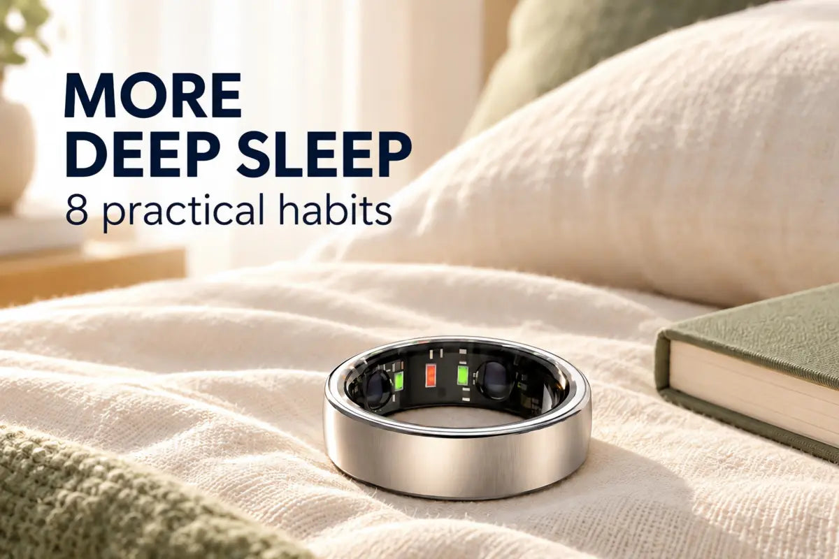Silver EysRing R20 smart ring on cream bedding beside the headline How to Get More Deep Sleep.