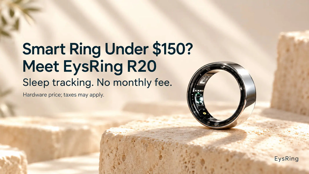 Silver EysRing R20 smart ring on an ivory stone pedestal with an under-$150 headline