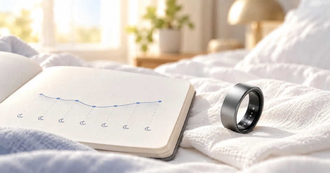 Black smart ring beside a seven-night sleep pattern journal in a bright morning bedroom