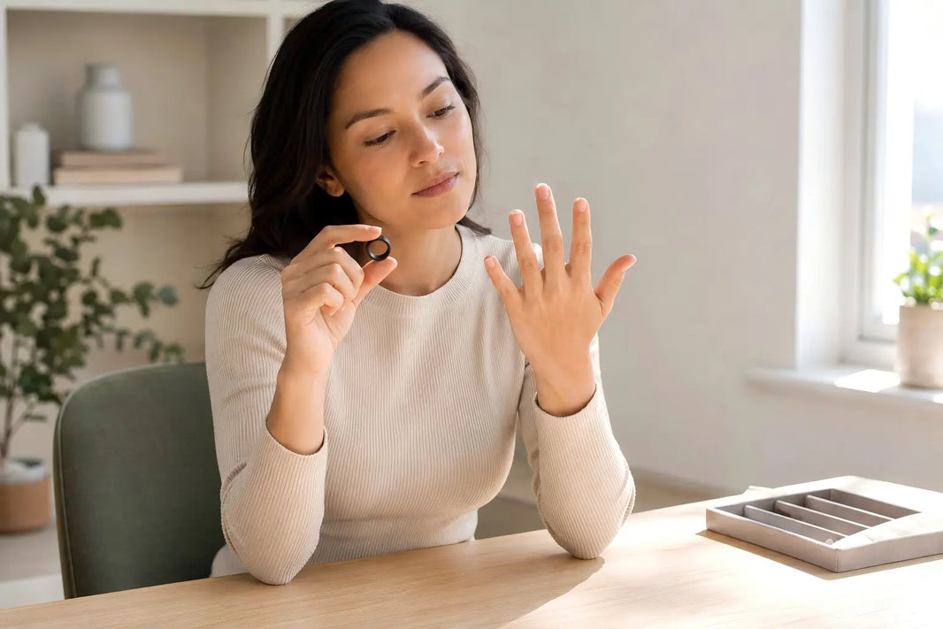 Woman comparing her index middle and ring fingers before choosing where to wear a smart ring