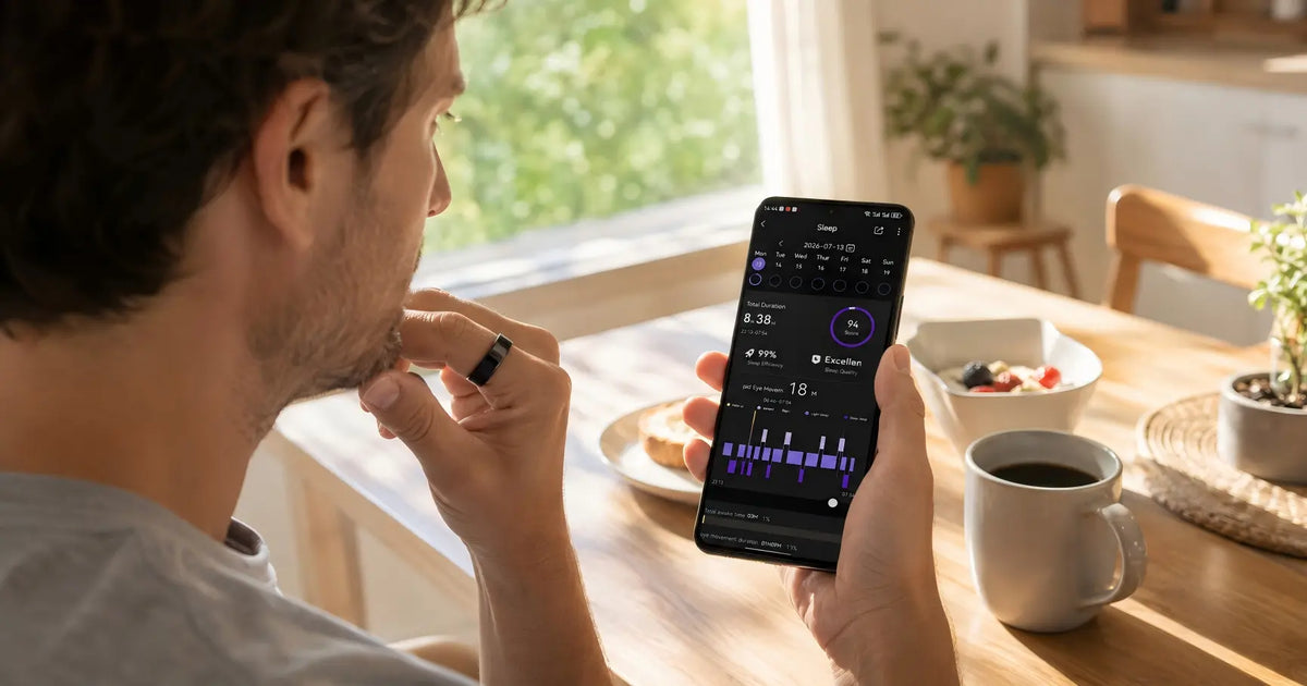  Smart ring user reviewing a real sleep report in the QRing app during breakfast
