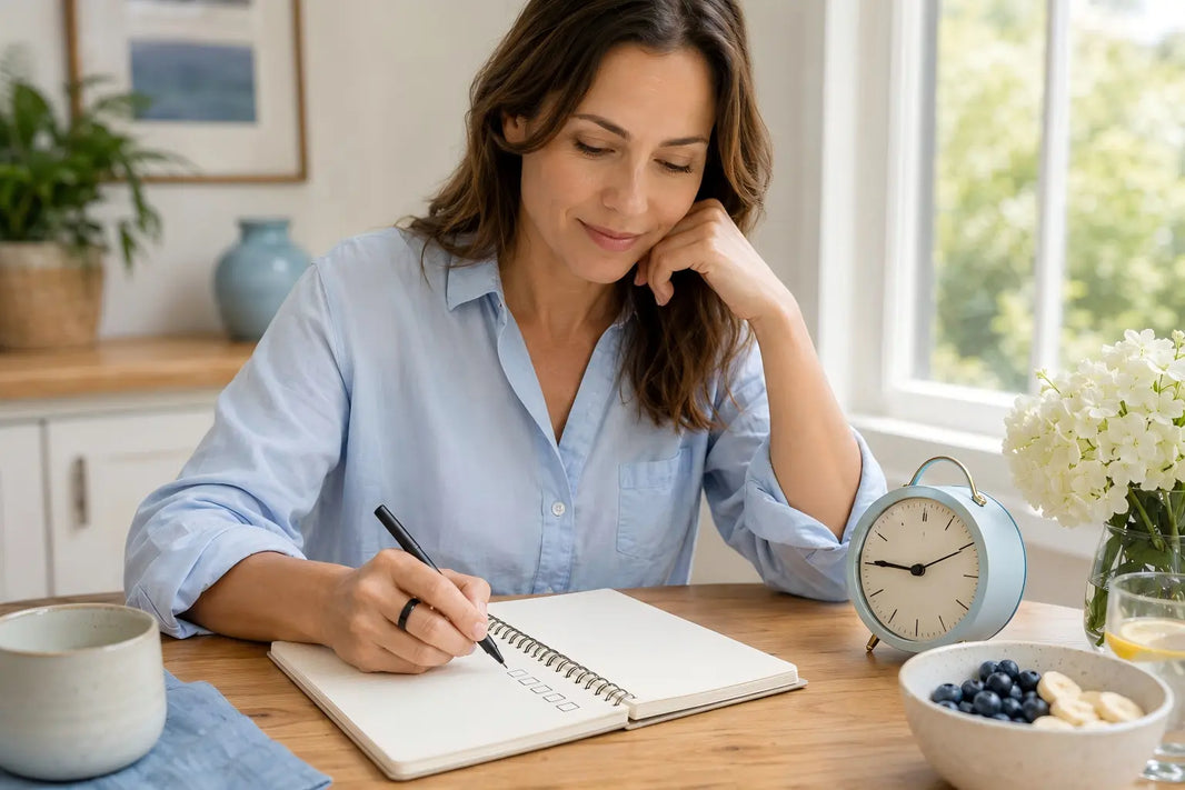 Woman wearing a black smart ring while planning a seven-day sleep routine in a journal