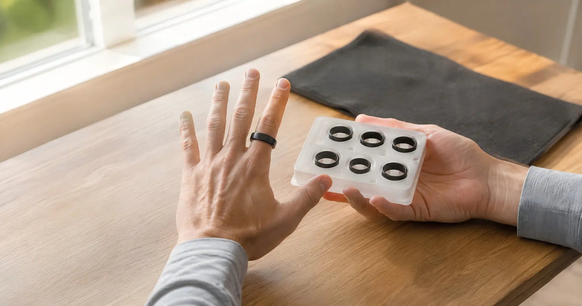 Person trying a black smart ring sample from a sizing kit beside a bright window