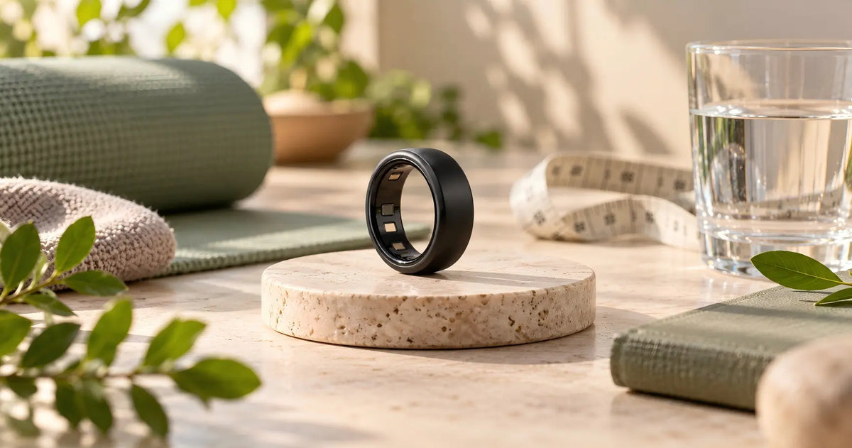 Black smart ring displayed with a measuring tape, water and exercise accessories in a bright wellness setting